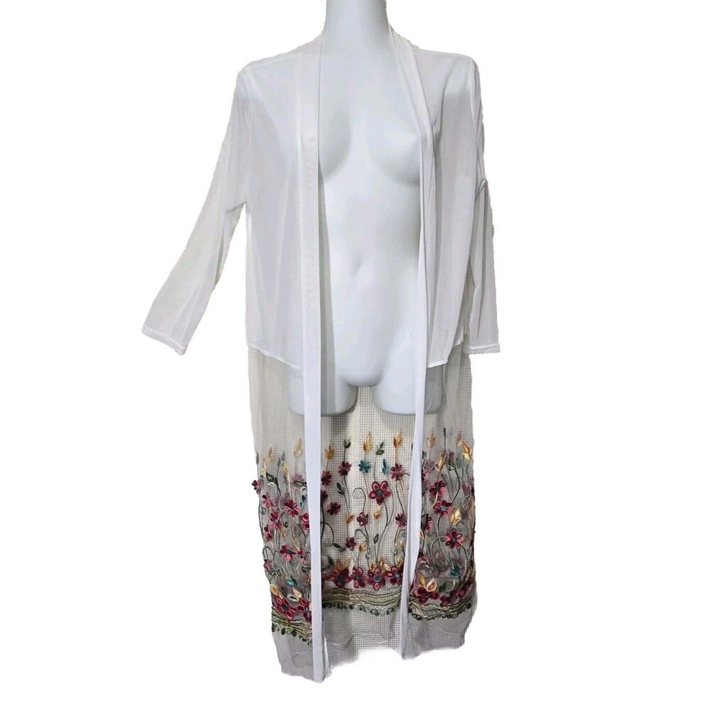 Highness Duster Womens S/M Open Kimono Sheer White Floral Embroidered Topper